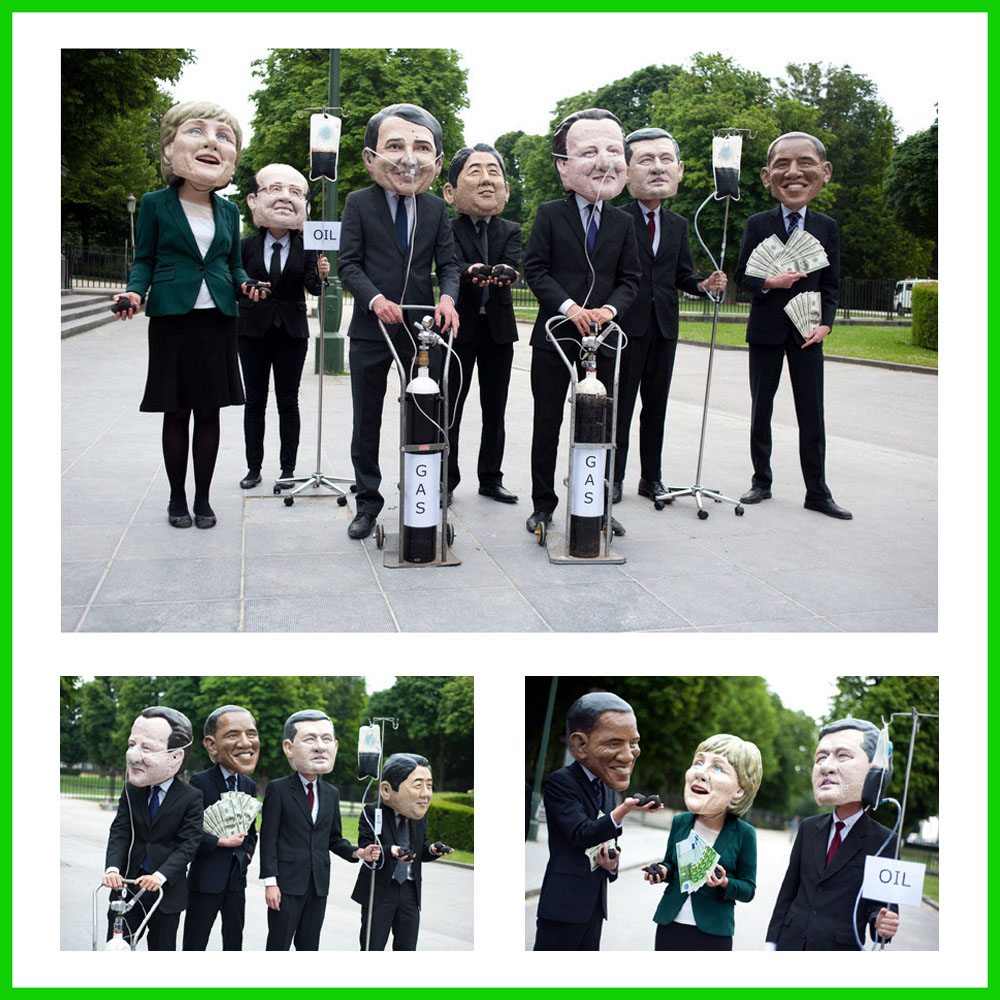 Oxfam activists ridicule G7 leaders before their meeting in Brussels on Wednesday. 